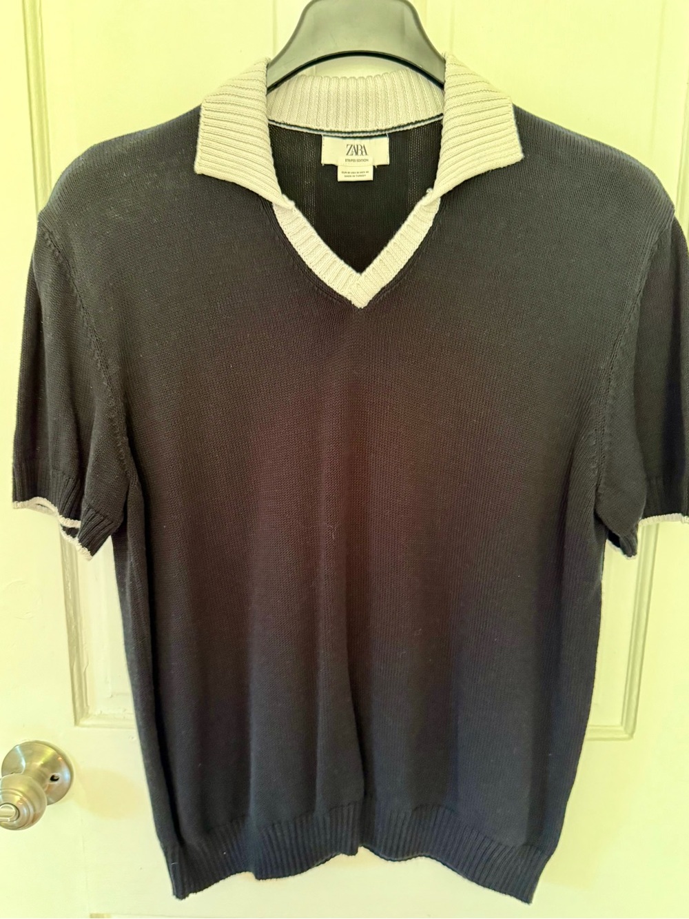 Zara V-Neck Knit Polo Sweater in Navy with White Trim